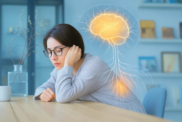 Frau mit Kopfschmerzen sitzt am Tisch, über ihrem Kopf ist ein leuchtendes Gehirn mit Nervenbahnen dargestellt – Symbol für neurologische Beschwerden bei Neurozöliakie